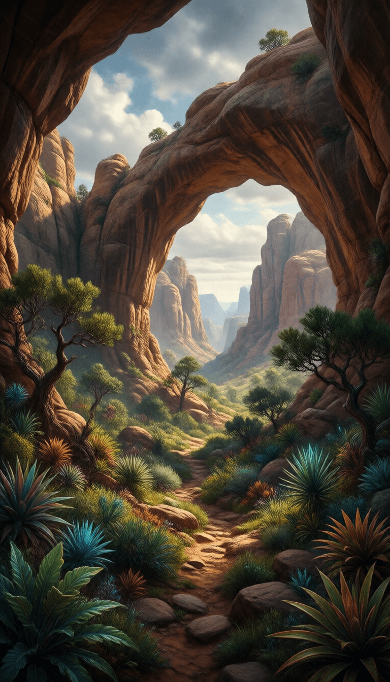 Ophelia free AI image generator prompt:beautiful utah desert, rock arcs, lush vegetation, landscape, alex ross, eddie m…