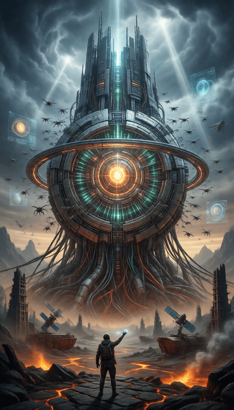 Ophelia free AI image generator prompt:A colossal, self-repairing, self-replicating sentient computer core rises from t…