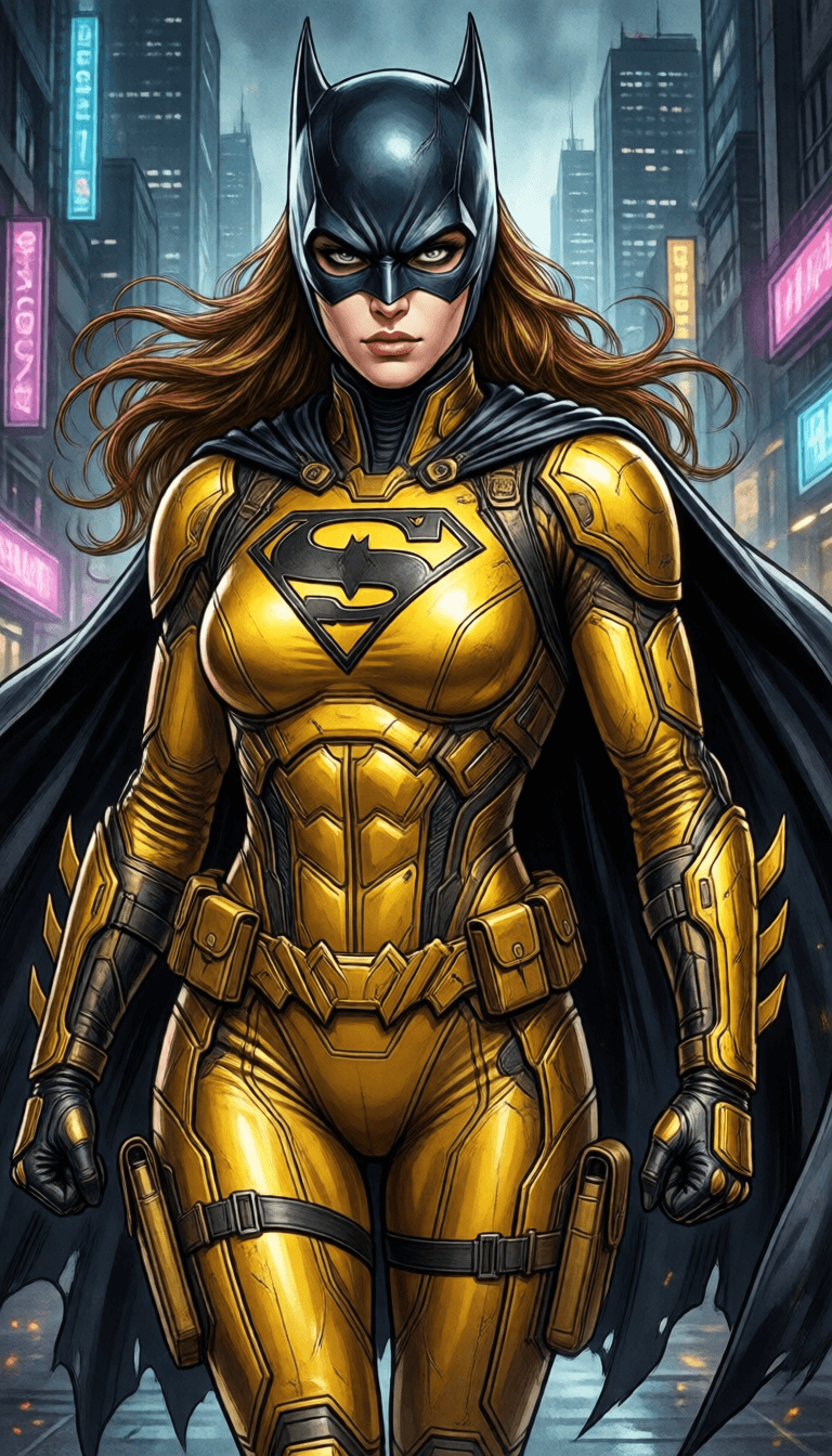 Ophelia free AI image generator prompt:a masterpiece, batgirl/supergirl from dc comic wearing alternate yellow costume,…