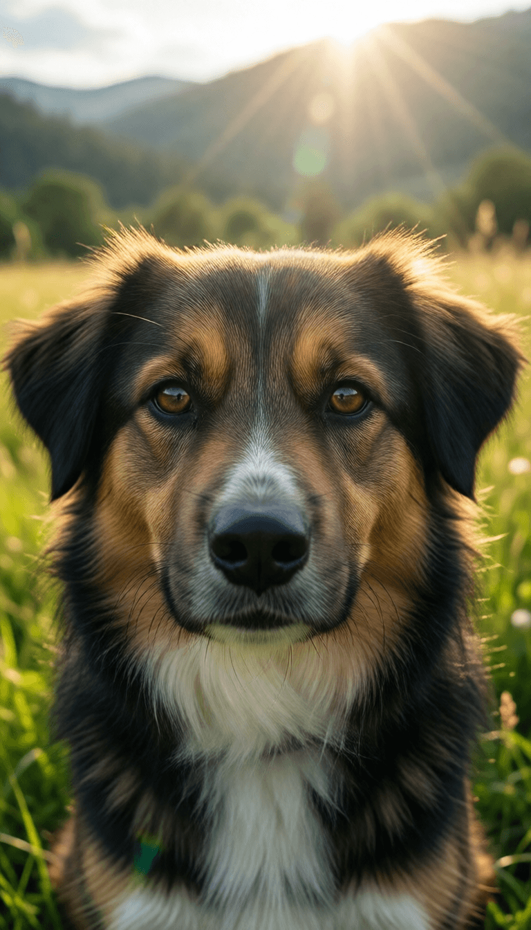 Ophelia free AI image generator prompt:Cute dog, Breathtaking summer landscape scene. Close up, sun rays, reflections.…