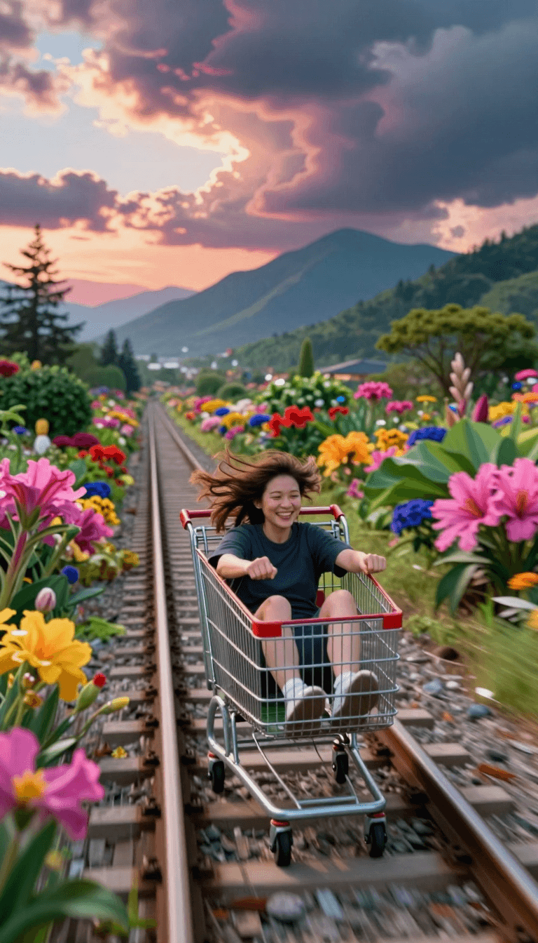 Ophelia 무료 AI 이미지 생성기 프롬프트:Imagine feeling the rush of wind against your face as you speed down a railway i…