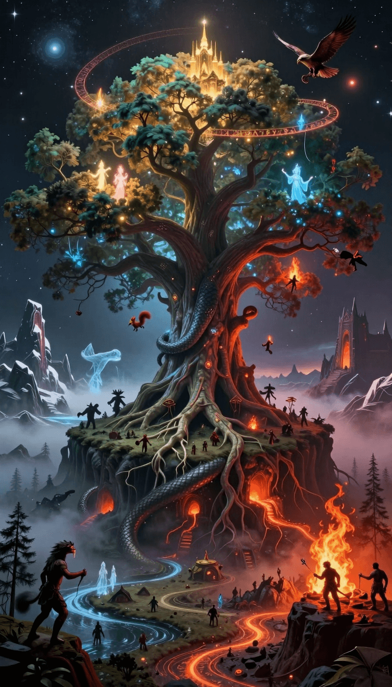 Ophelia free AI image generator prompt:A vast, cosmic Yggdrasil, the World Tree, stretches into the star-speckled void…