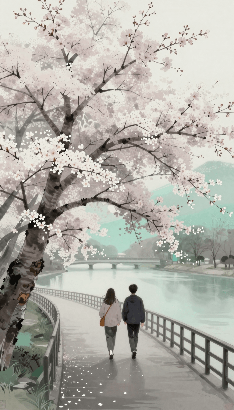 ‏Ophelia مولّد صور بالذكاء الاصطناعي مجاني – برومبت:two people walk the bridge under a large cherry blossom, in the style of atmosph…
