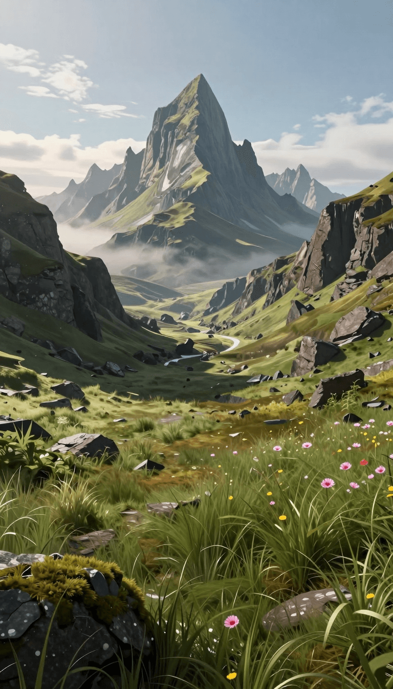 Ophelia generatore di immagini IA gratuito – prompt:mountains in the distance with a grassy field in front of them, beautiful render…