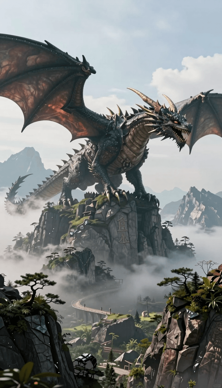 Ophelia free AI image generator prompt:Landscape photography, An epic fantasy landscape where a mountain becomes a huge…