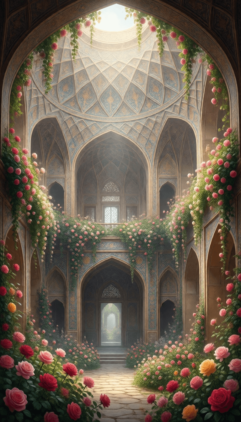 Ophelia generatore di immagini IA gratuito – prompt:Persian architecture, temple volume atrium light full of rose, hanging gardens,…