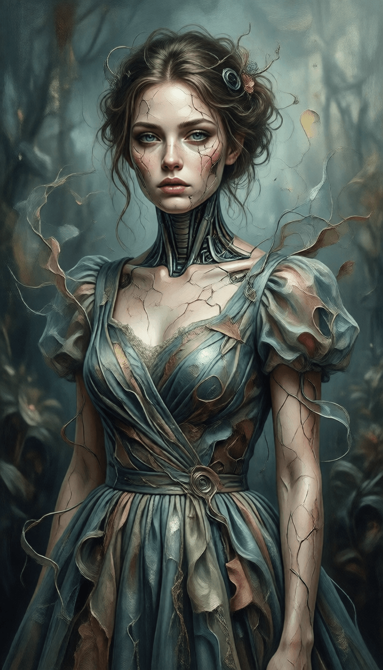 Ophelia générateur d’images IA gratuit – prompt:Mixed media artwork + Emotional cyborg girl + Elegant dress + Skin lesions as a…
