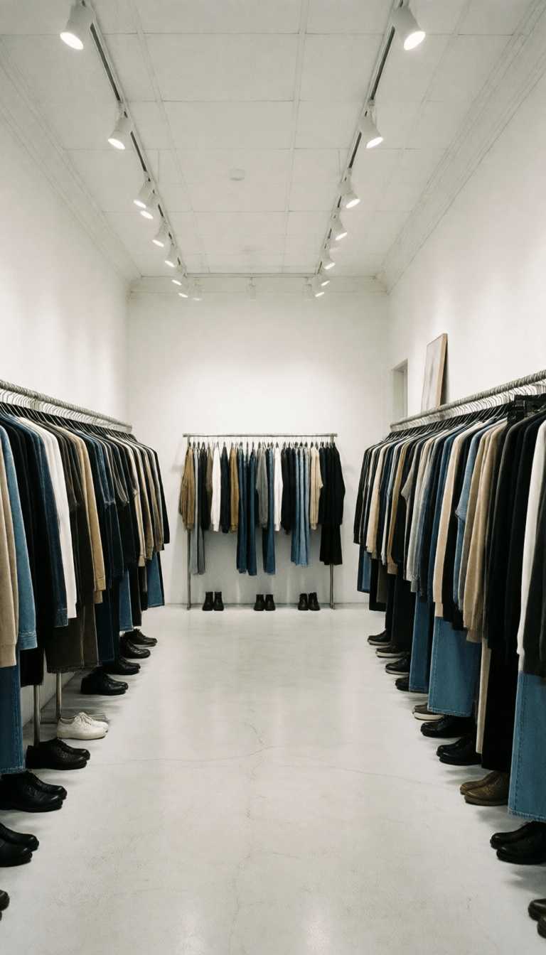 Ophelia 免費 AI 圖片生成器提示詞:photography, fashion store, whole white walls, white concrete floors, white ceil…