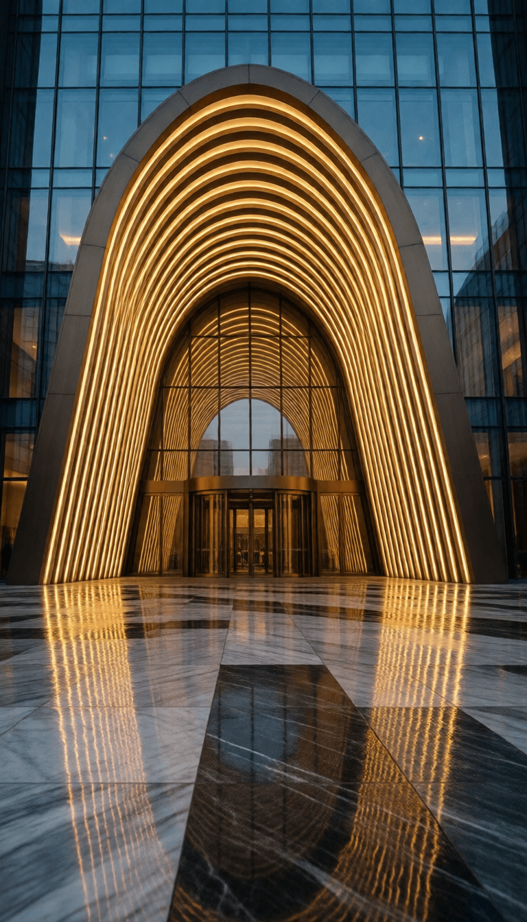 ‏Ophelia مولّد صور بالذكاء الاصطناعي مجاني – برومبت:modern minimalist, architectural photography, illuminated grand entrance with cu…