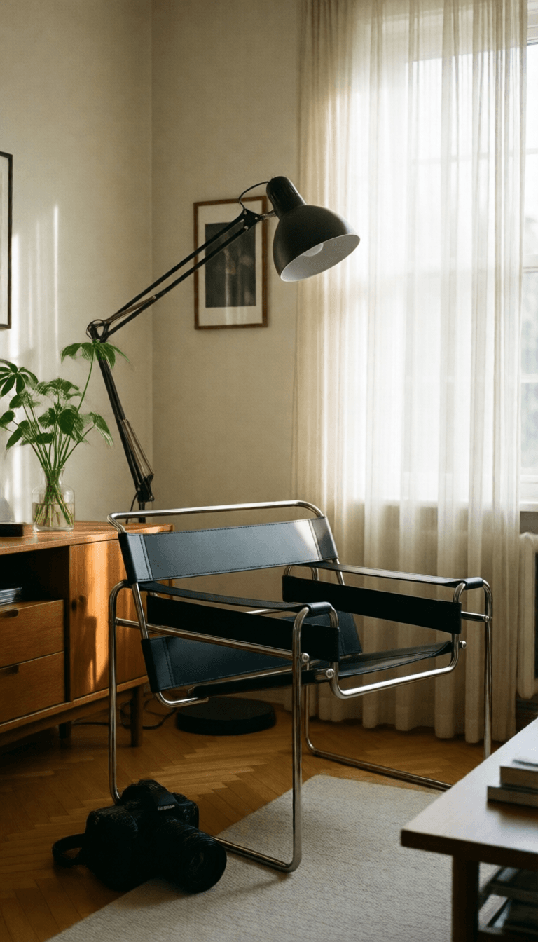 Ophelia бесплатный генератор изображений ИИ – промпт:mid-sized living room with a candid angle, dieter rams 620 chair program, flos a…