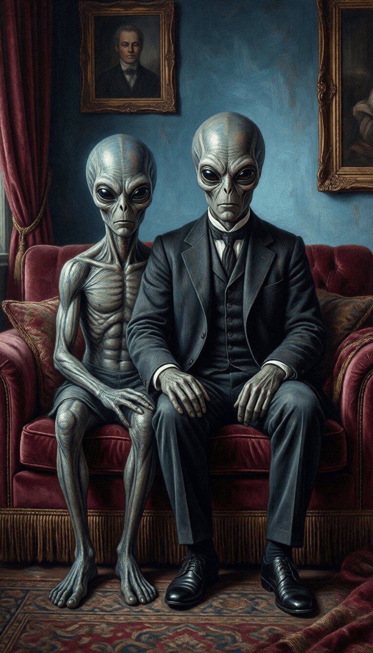 Ophelia free AI image generator prompt:**the painting shows four aliens sitting on a sofa, in the style of trompe-l'œil…