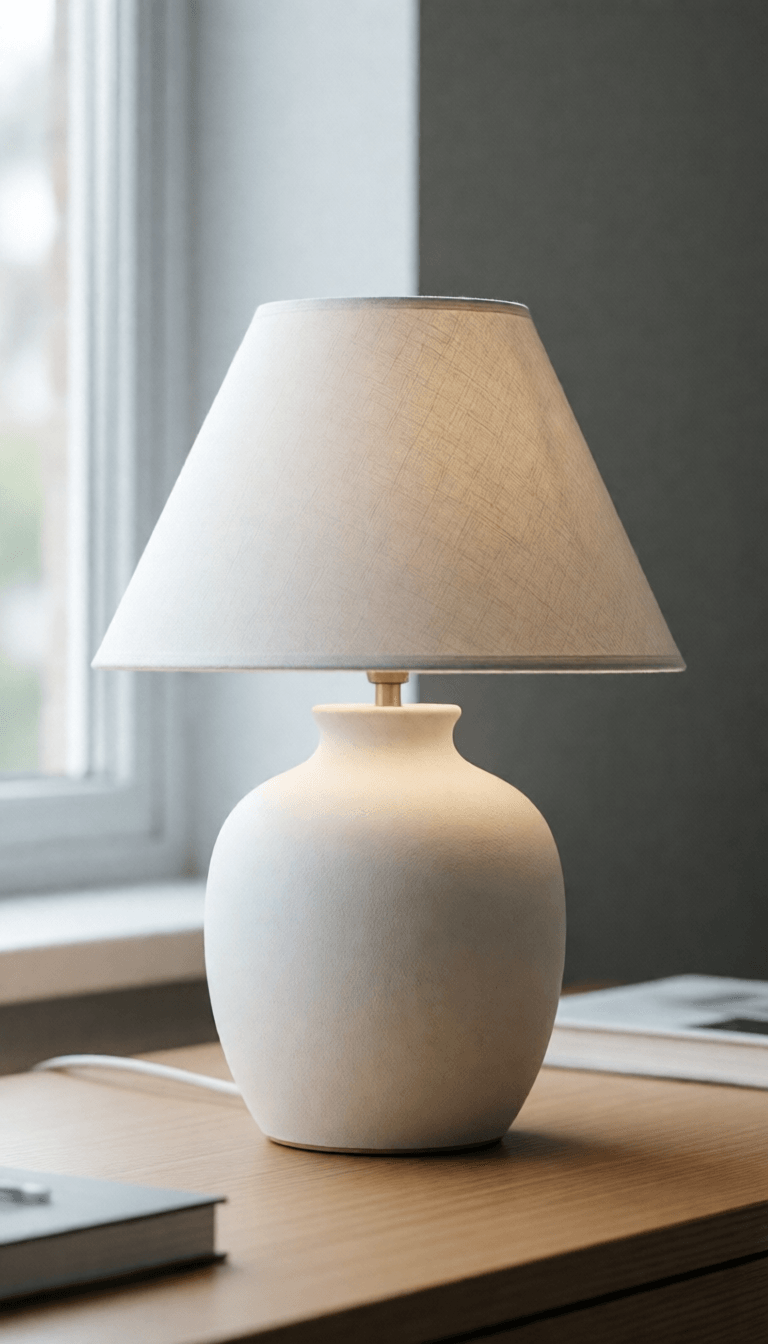 Ophelia free AI image generator prompt:minimalistic of white ceramic base, 80mm f/1.7, showcasing the lamp on a crisp,…