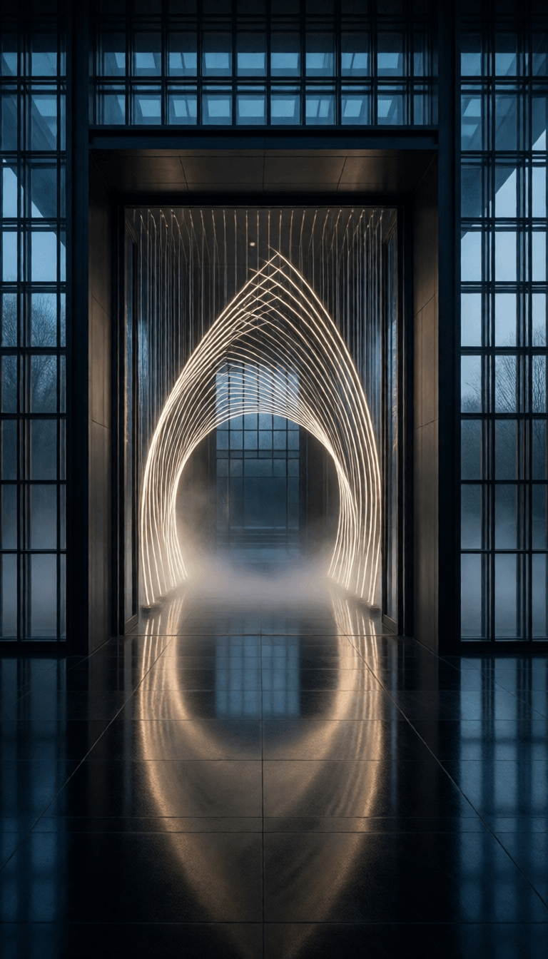 Ophelia generator gambar AI gratis – prompt:contemporary art gallery entrance with cascading light sculptures, minimalist cu…