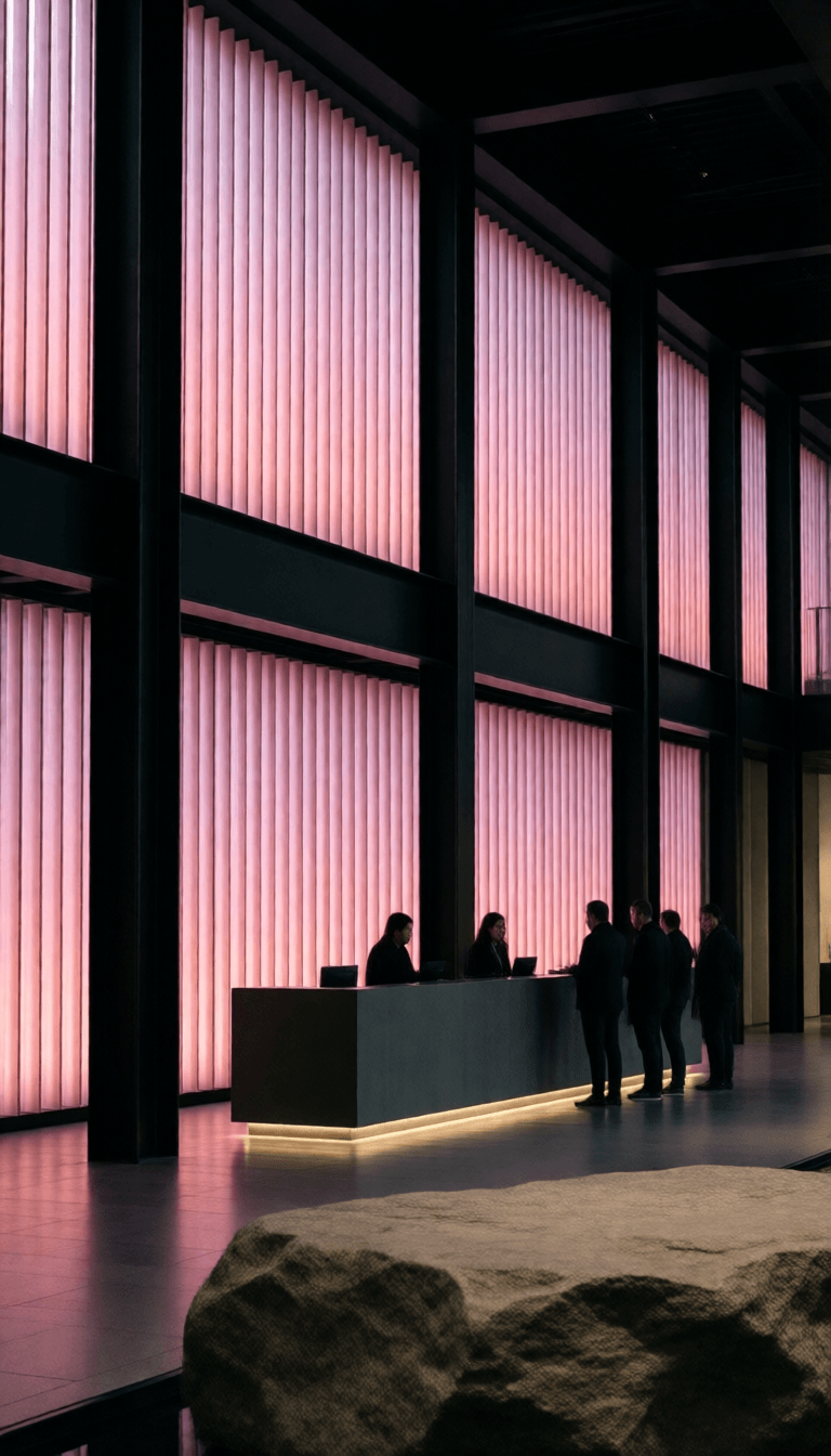 Ophelia free AI image generator prompt:Architectural photography, cinematic shot, interior space, vertical light panels…