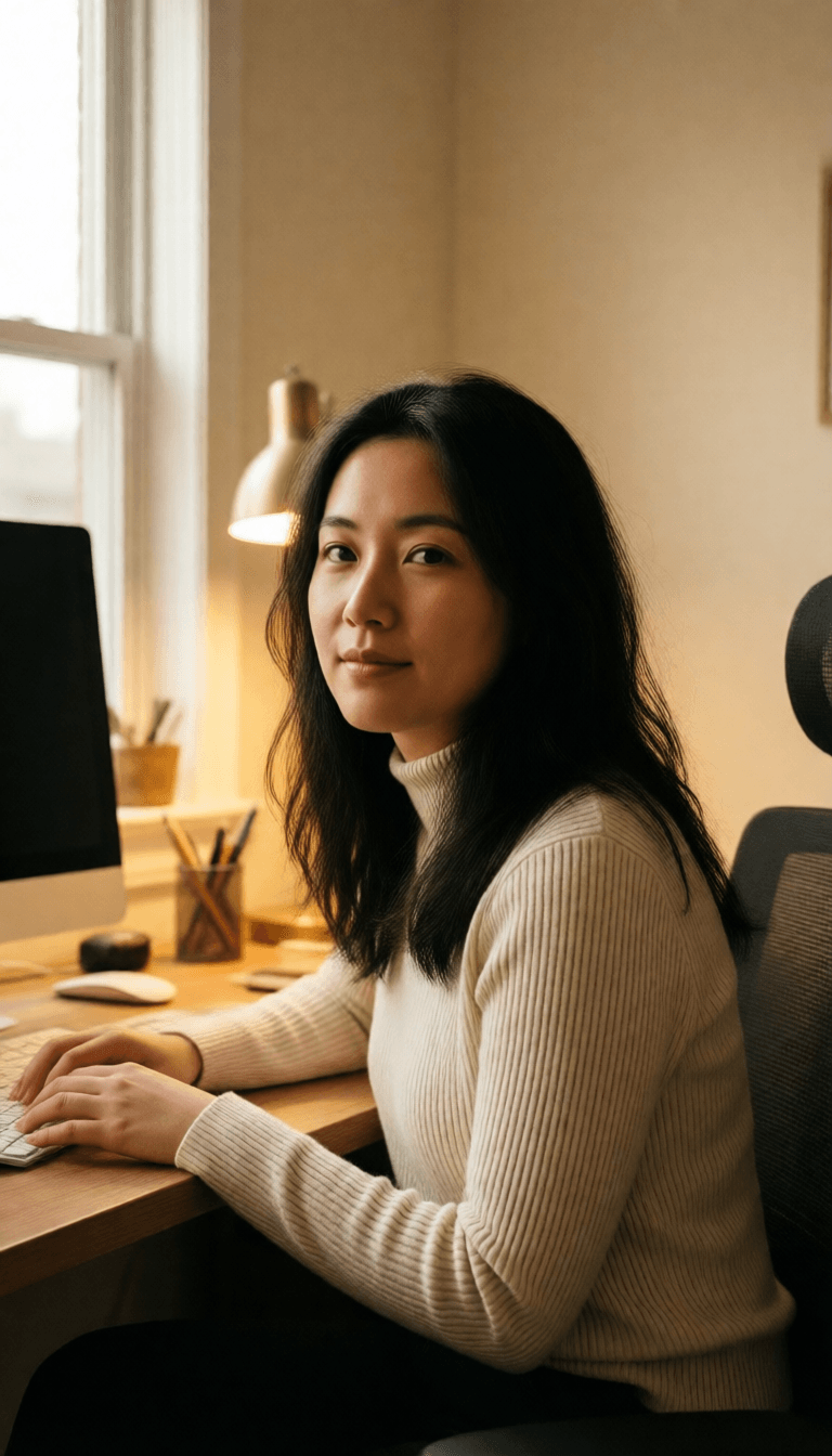 Ophelia kostenloser KI‑Bildgenerator‑Prompt:photograph, home office, minimal, soft sunlight, warm artificial light casting,…