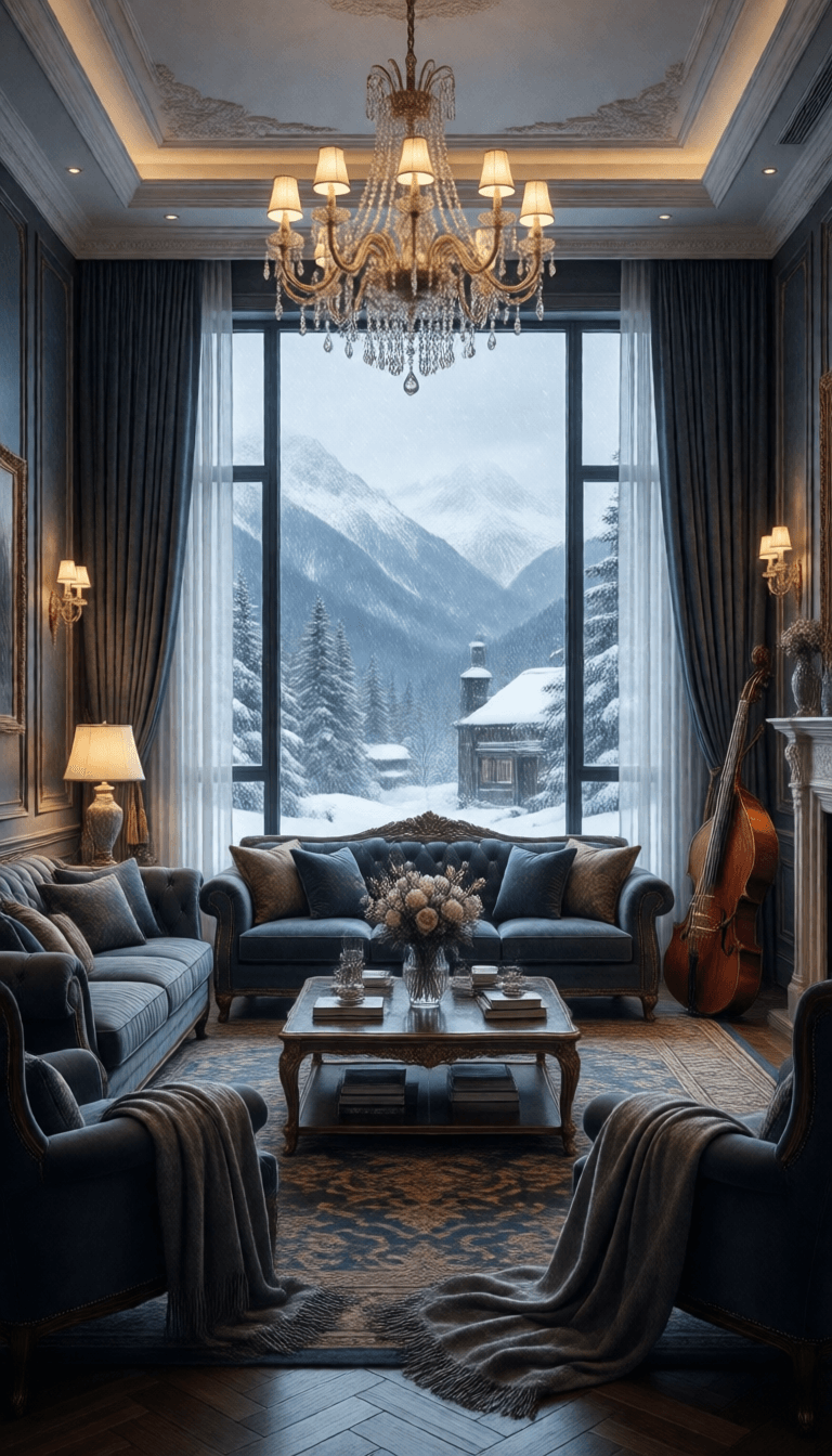 Ophelia เครื่องมือสร้างภาพ AI ฟรี – พรอมต์:Winter Atmosphere Snowfall on the Mountains ~ Luxurious Living Room and Soft Jaz…