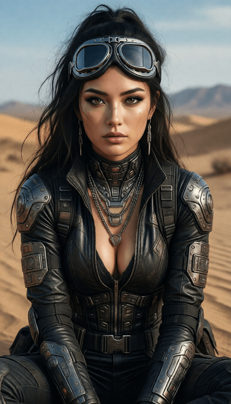 Ophelia gerador de imagens IA grátis – prompt:female character wearing goggles while sitting in the desert, in the style of cy…