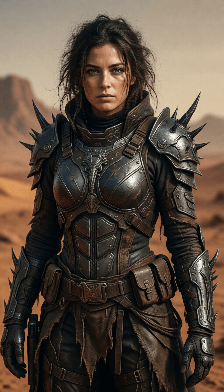 Ophelia free AI image generator prompt:female in futuristic armor in a desert on Mars-like planet, in the style of dark…