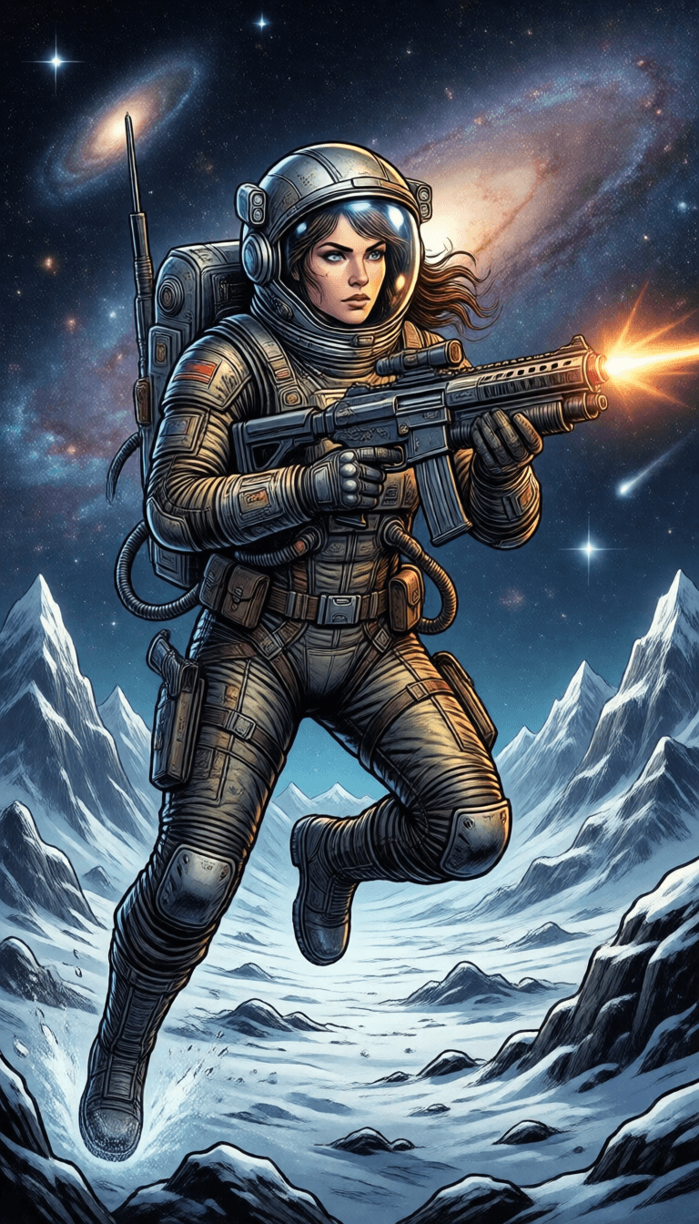 Ophelia free AI image generator prompt:Comic book illustration of a woman in a spacesuit with a helmet and visor, holdi…