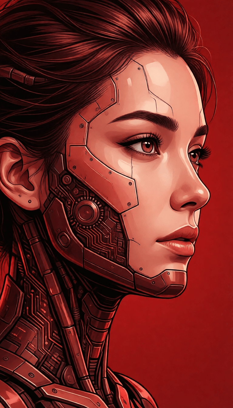 Ophelia бесплатный генератор изображений ИИ – промпт:A beautiful woman with robotic features as a closeup shot of the face and neck,…
