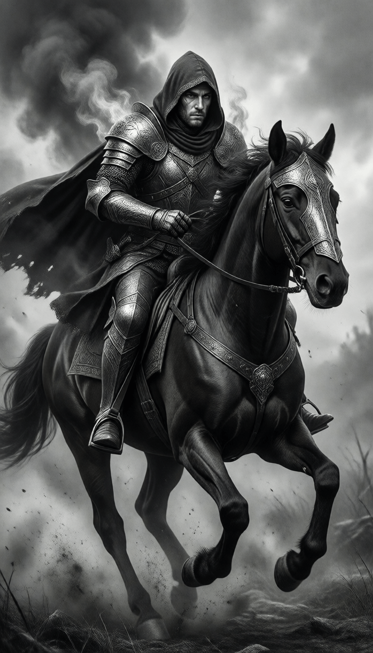Ophelia เครื่องมือสร้างภาพ AI ฟรี – พรอมต์:Black and white art of a hooded knight riding his horse in full gallop, smoke ar…