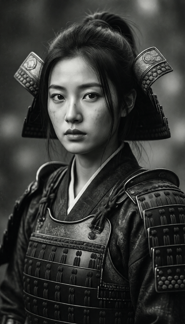 Ophelia generador de imágenes IA gratis – prompt:samurai girl, in the style of black and white realism, atmospheric impressionism…