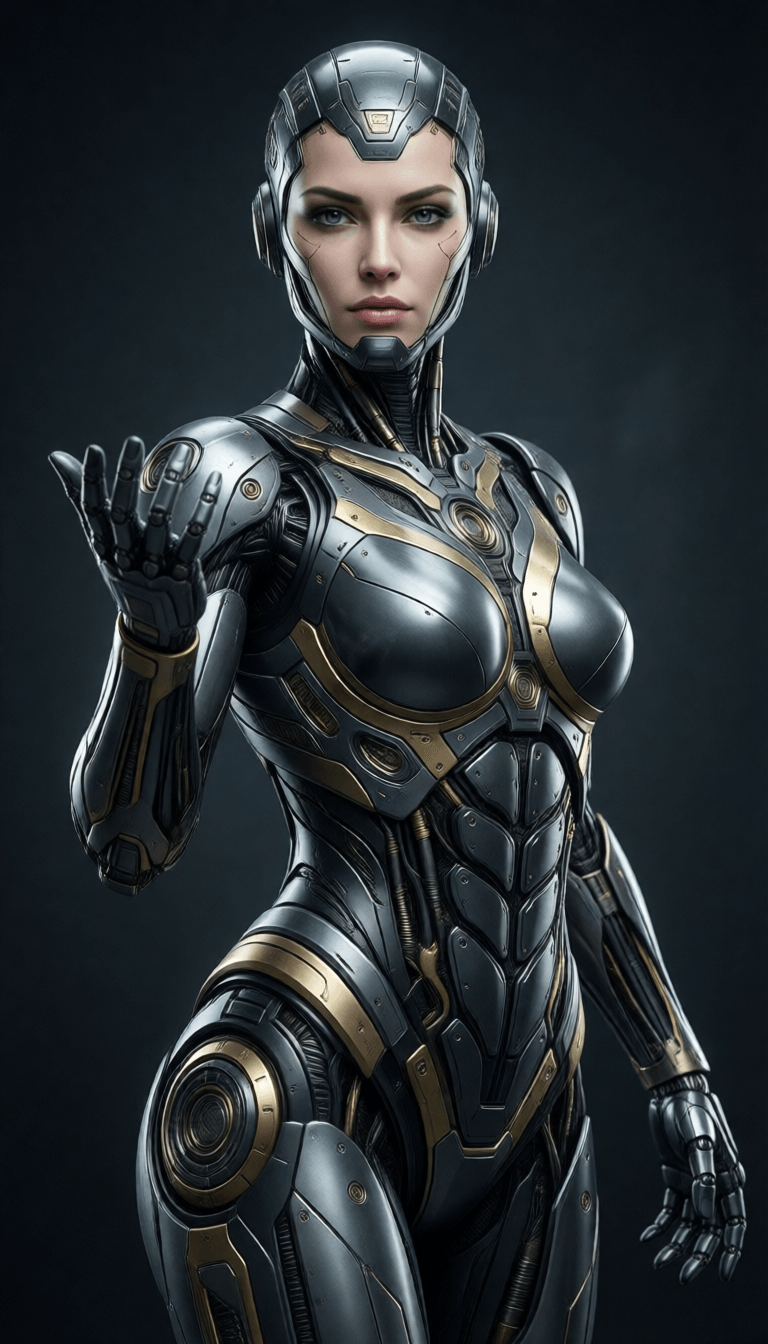 Ophelia free AI image generator prompt:a futuristic mechanical woman is posing with an open hand, in the style of dark…