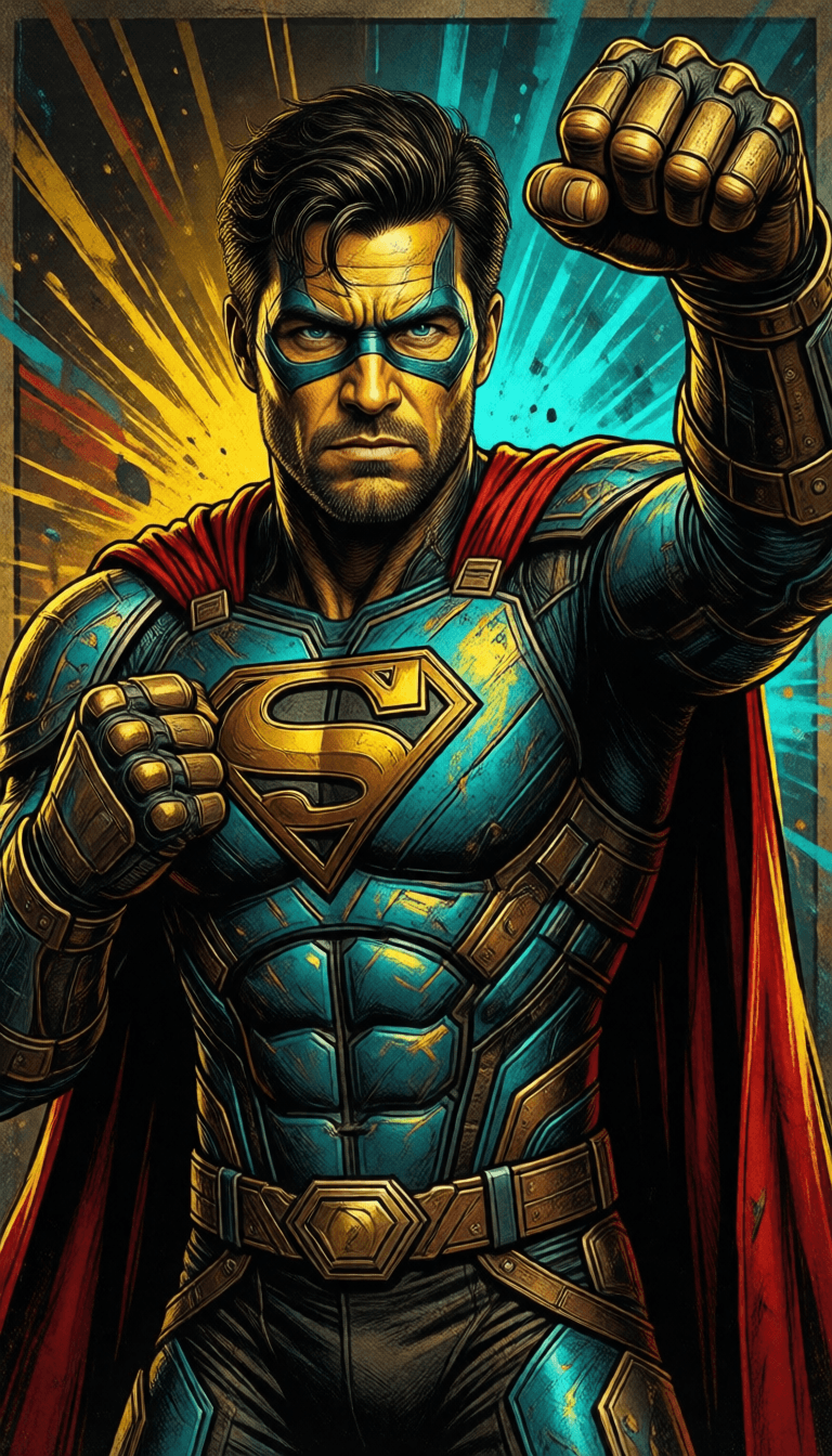 Ophelia เครื่องมือสร้างภาพ AI ฟรี – พรอมต์:an image of a man dressed like a superhero with his fists and arm, in the style…