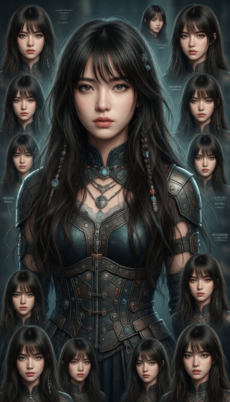 Ophelia เครื่องมือสร้างภาพ AI ฟรี – พรอมต์:Character sheet，Girl with long hair，Multiple poss and expressions，Highly detaile…