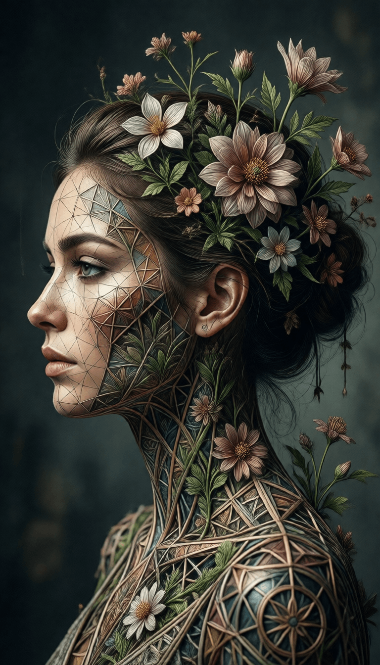 Ophelia generador de imágenes IA gratis – prompt:Incredibly detailed technical diagram of the profile of a woman with the top and…