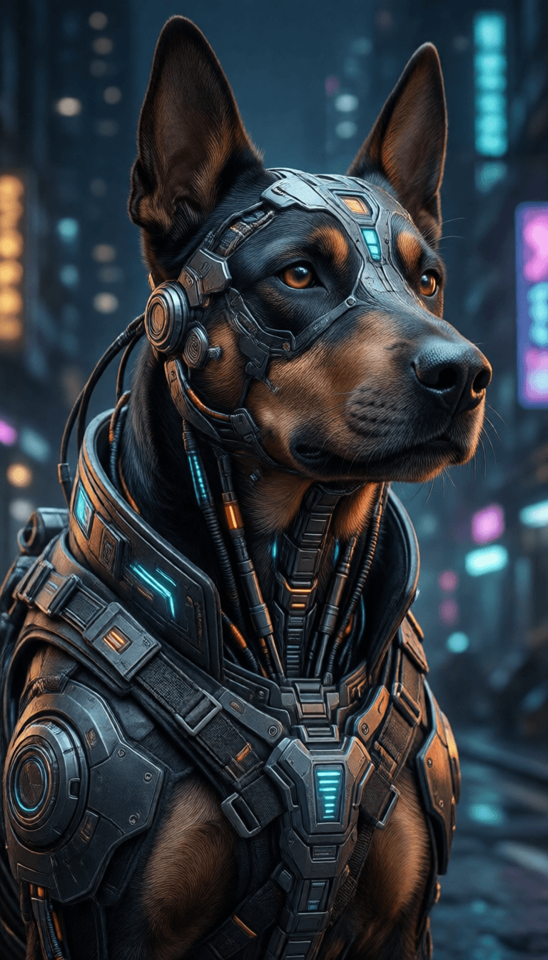 Ophelia free AI image generator prompt:cyberpunk dog, futuristic, highly detailed, made with blender --v 4