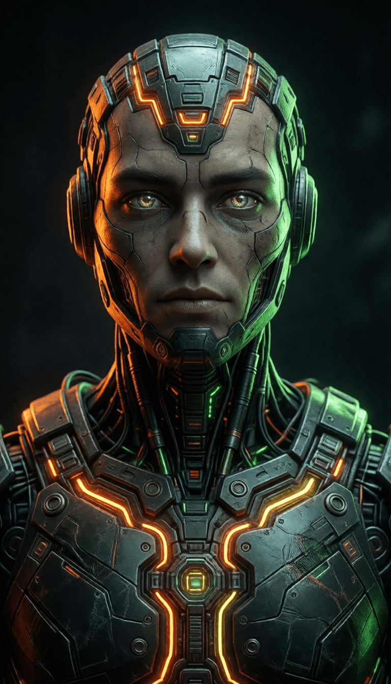 Ophelia 無料AI画像ジェネレーター用プロンプト:3d rendering, robot, front view, upper-body, neon glow with deep orange and gree…