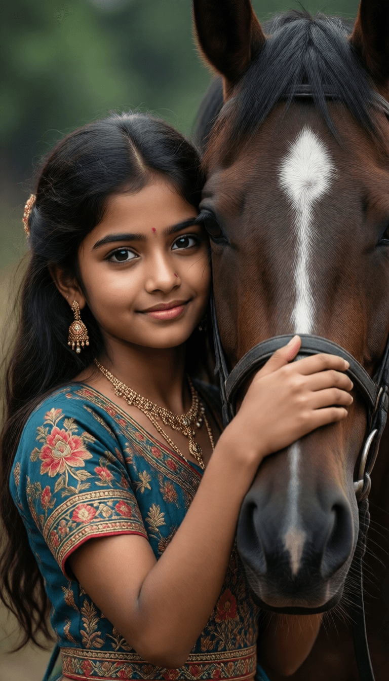 Ophelia kostenloser KI‑Bildgenerator‑Prompt:A beautiful cute indian girl hugging a horse face