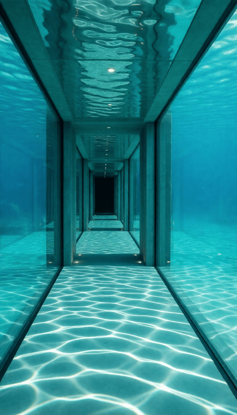 Ophelia free AI image generator prompt:photography, a long hallway submerged under a calm ocean, walls and ceiling in a…