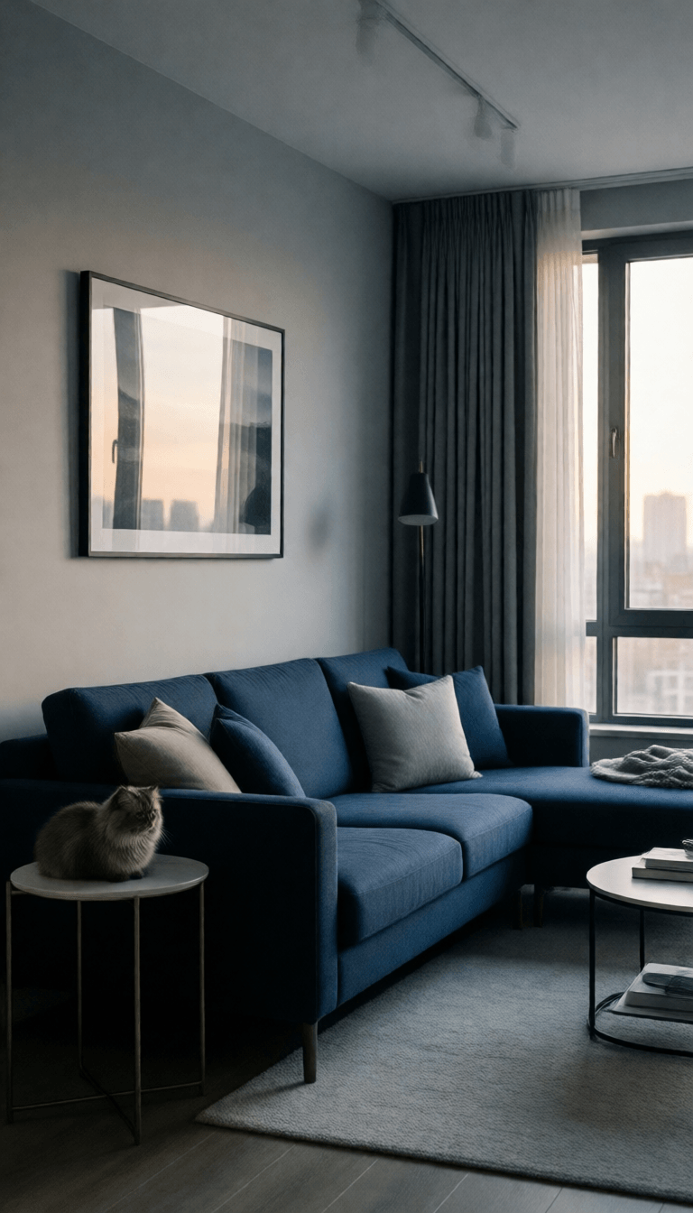 Ophelia generator gambar AI gratis – prompt:Photograph apartment living room, soft light of dusk, all complemented by a unif…