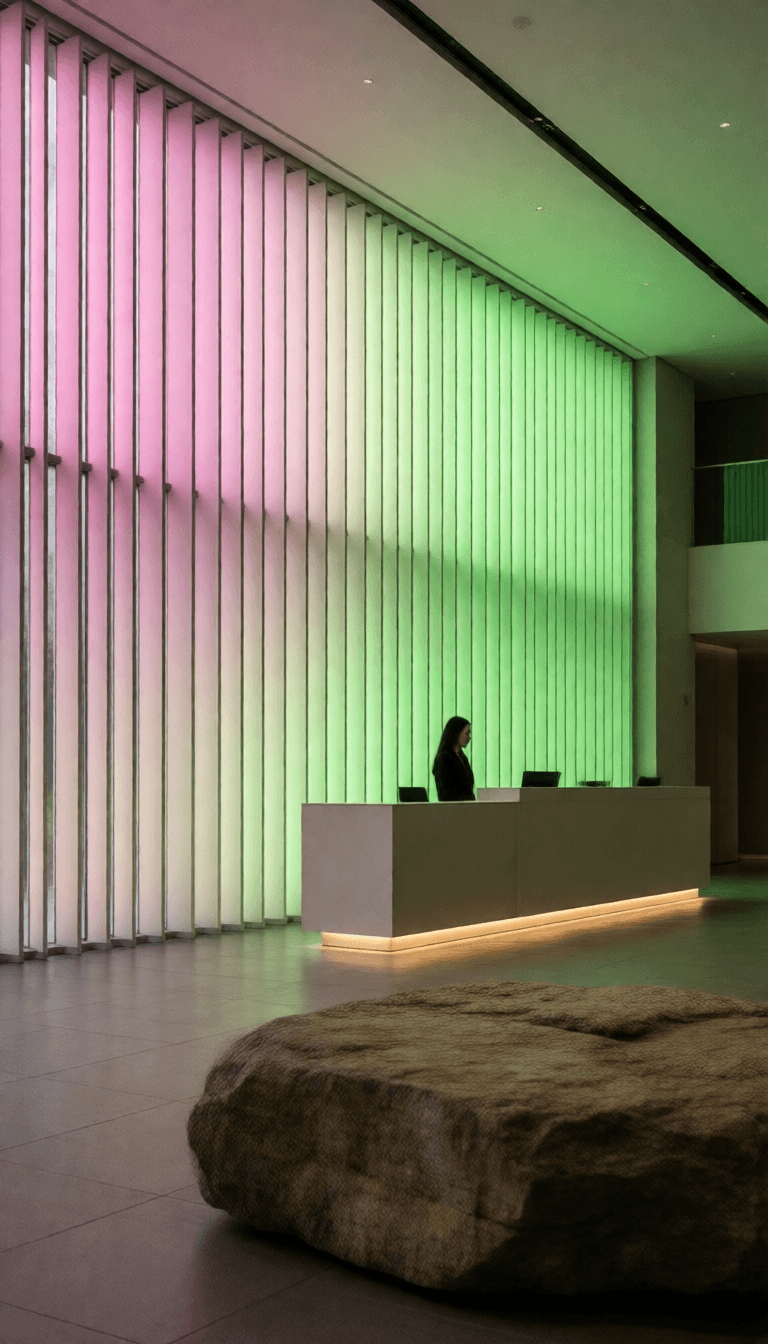 Ophelia kostenloser KI‑Bildgenerator‑Prompt:architectural photography, perspective, interior space, vertical light panels tr…