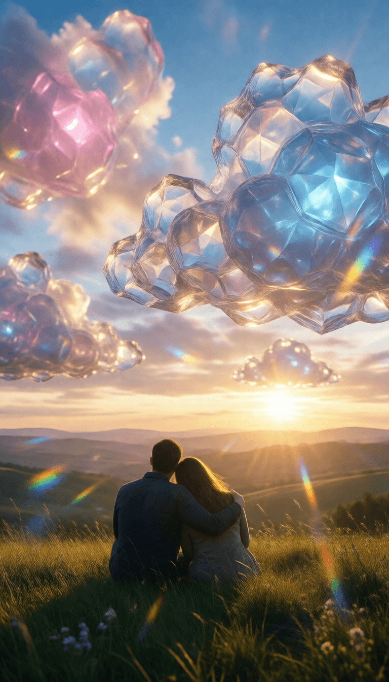 Ophelia gerador de imagens IA grátis – prompt:A surreal landscape at dusk, with massive clouds made entirely of transparent, c…