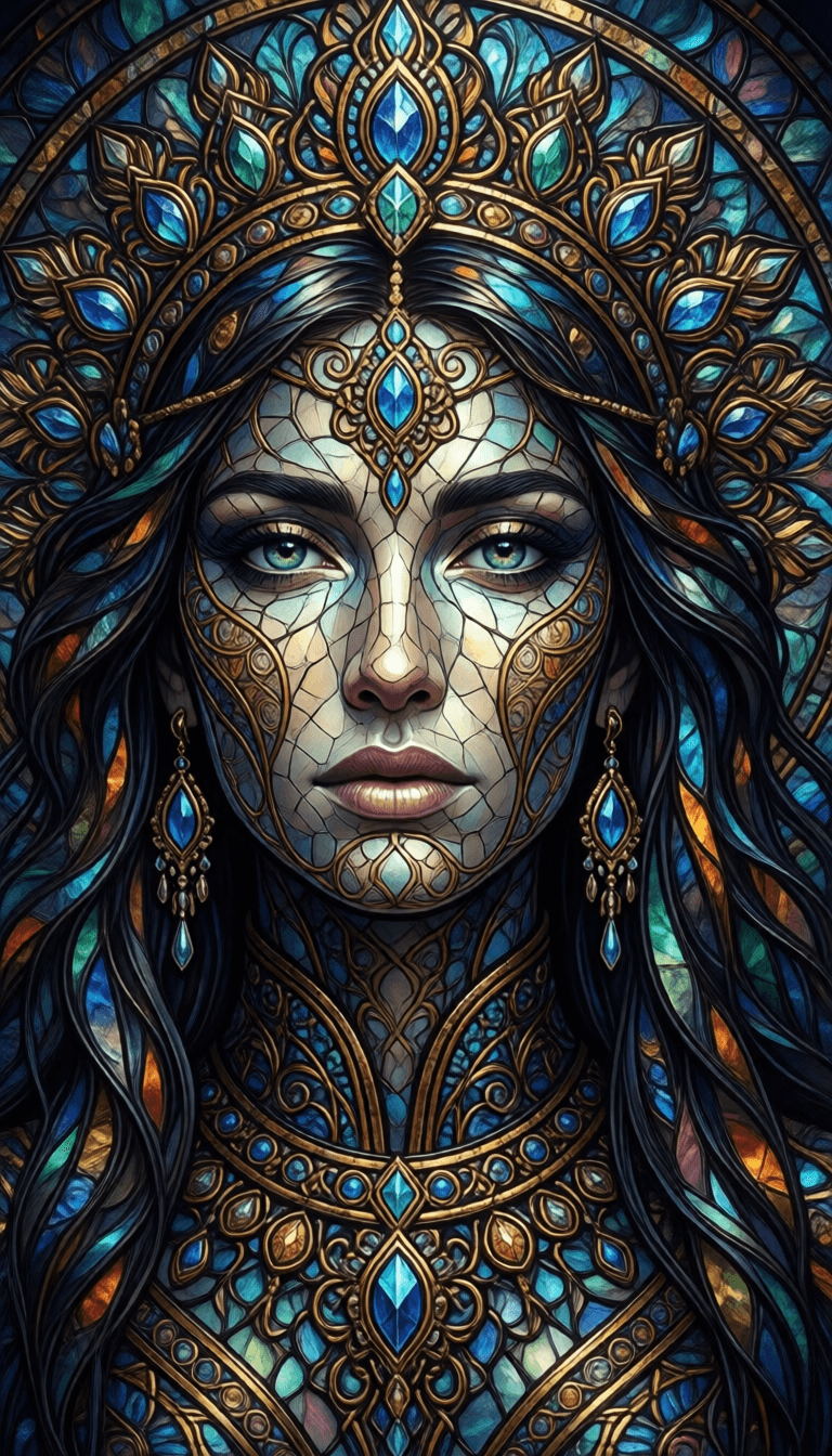 Ophelia free AI image generator prompt:stained glass art of goddess, mosaic-stained glass art, stained-glass illustrati…