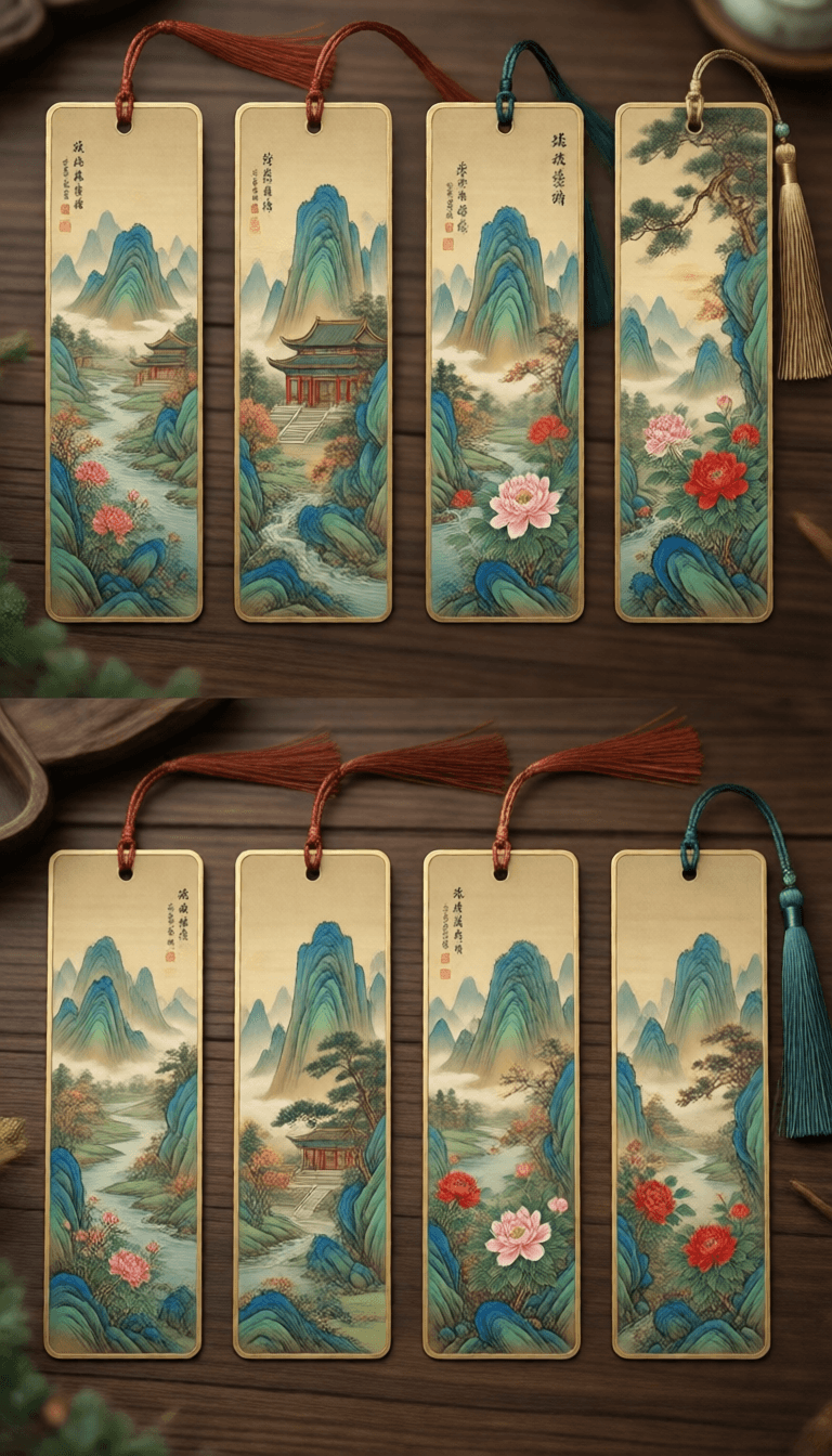 Ophelia trình tạo ảnh AI miễn phí – prompt:Generate a series of design drafts for Gongbi painting bookmarks.