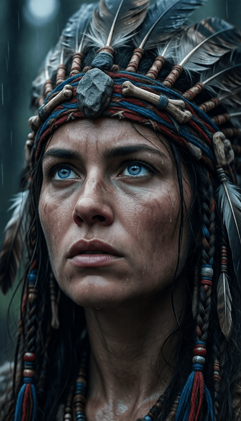 Ophelia générateur d’images IA gratuit – prompt:Ultra-realistic cinematic close-up portrait of a fierce tribal warrior woman, ic…