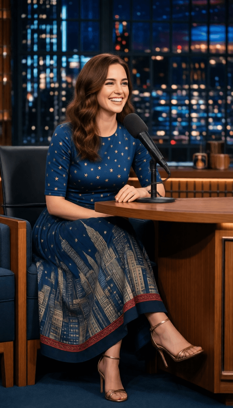 Ophelia free AI image generator prompt:A photorealistic, cinematic talk-show portrait of a beautiful actress with rich…