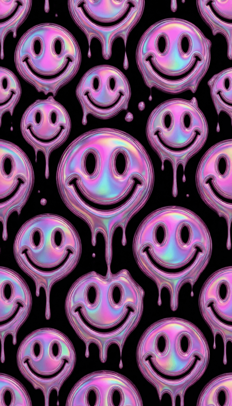 Ophelia free AI image generator prompt:A seamless pattern of melting smiley faces in holographic glossy hot-pink agains…