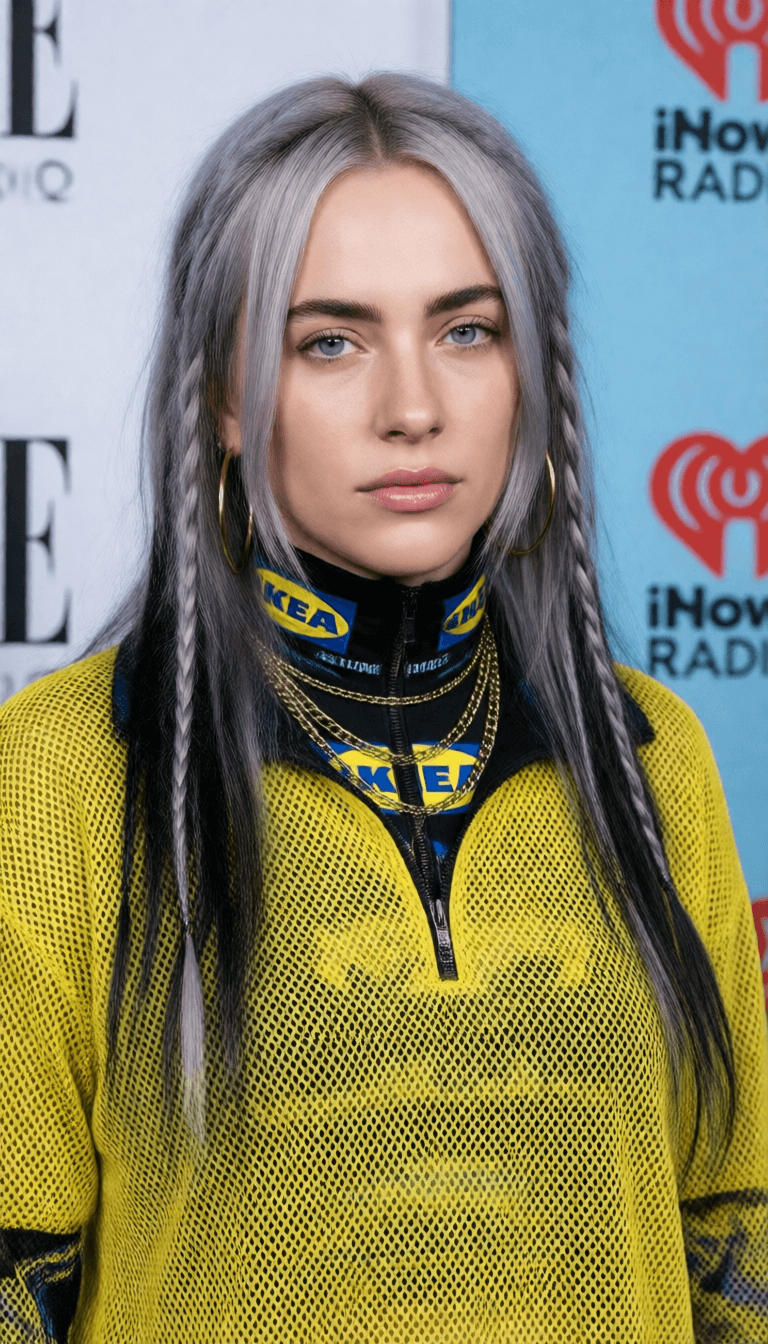 Ophelia generador de imágenes IA gratis – prompt:{ "subject": { "identity": "Billie Eilish", "features": { "hair": "Long, silky s…