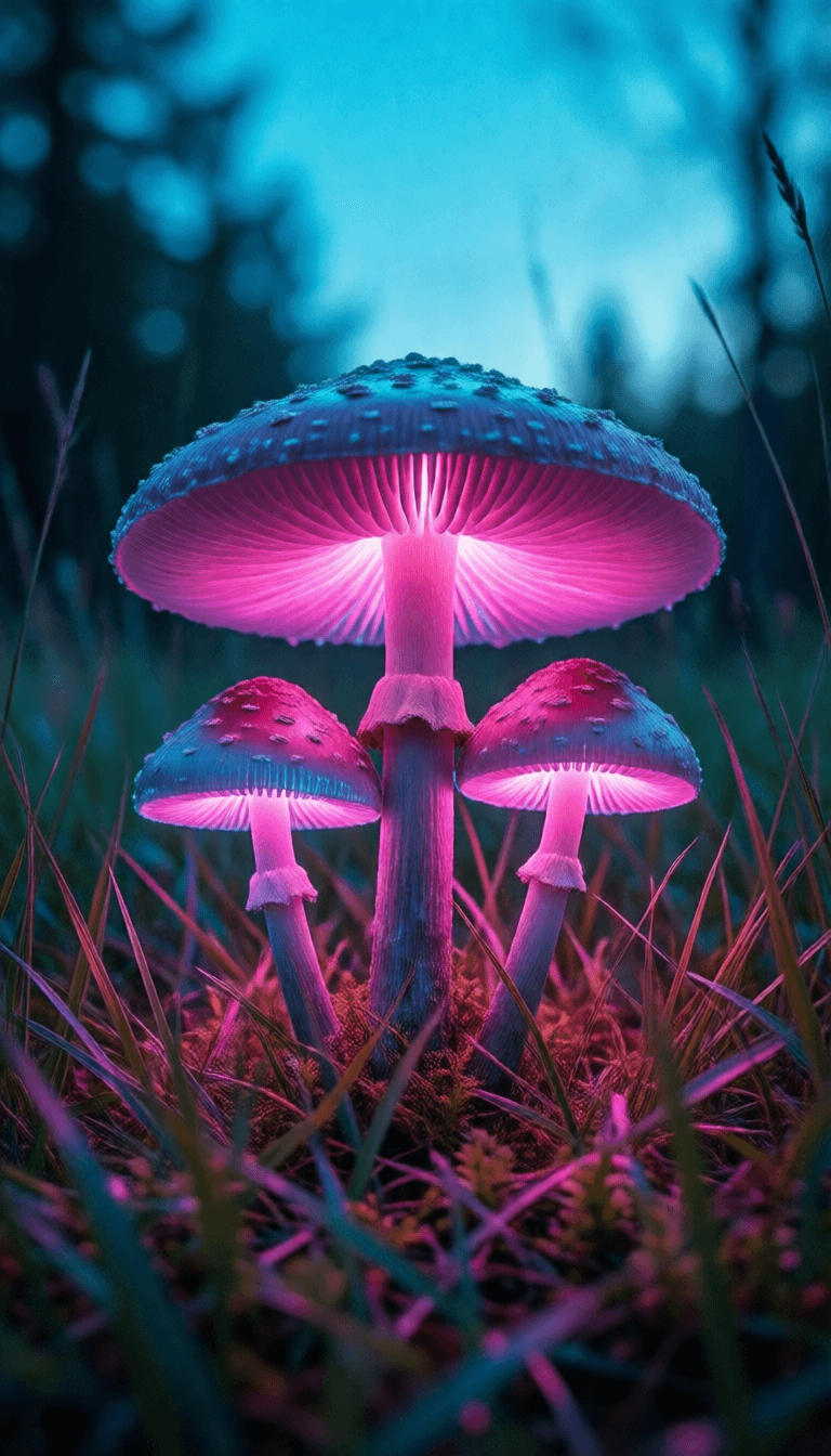 Ophelia 免费 AI 图片生成器提示词:A low-angle, close-up shot features a cluster of bioluminescent mushrooms in a g…