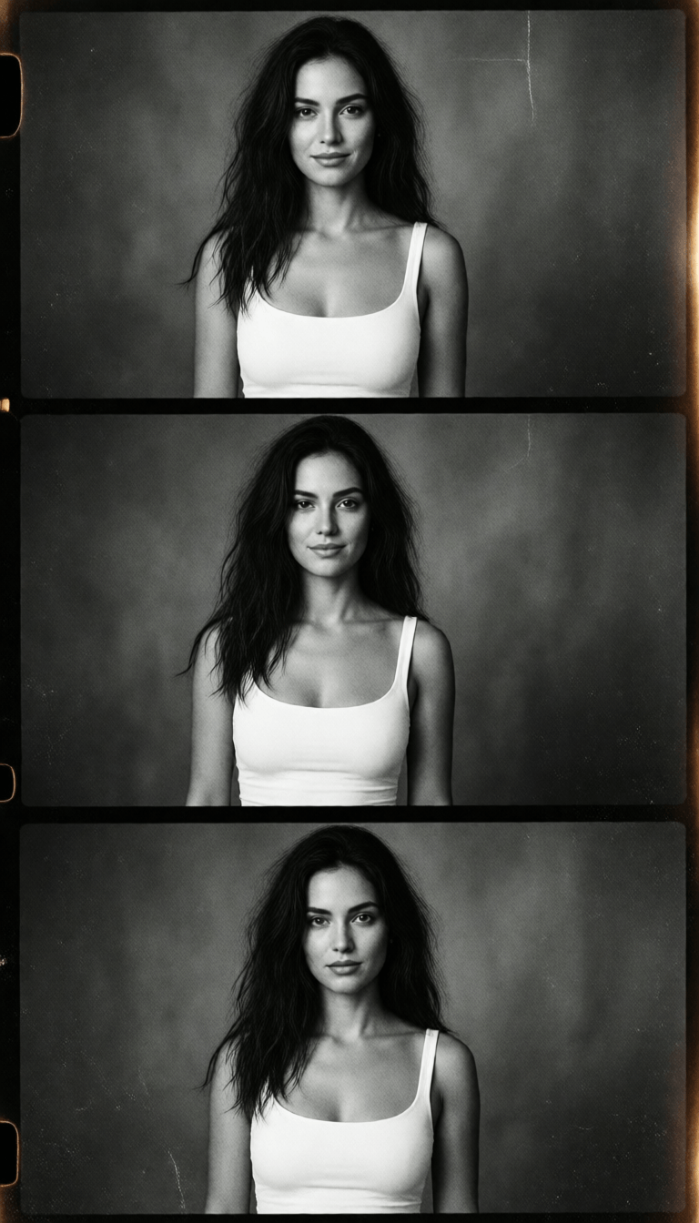 Ophelia free AI image generator prompt:Attractive model wearing white bodycon dress, Kodak 35mm black and white film, m…