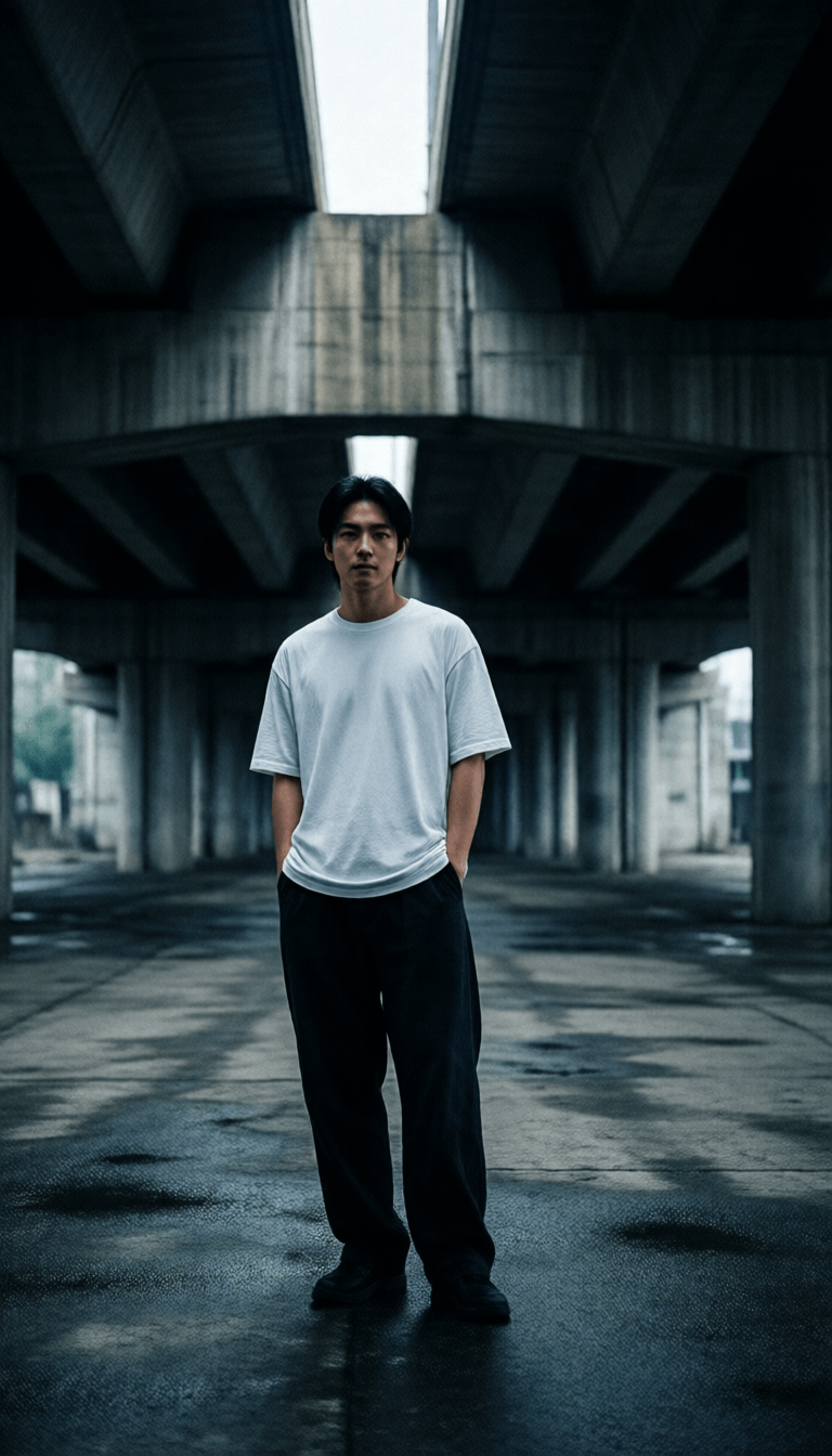 Ophelia free AI image generator prompt:A moody, urban portrait of me standing under a desolate concrete overpass, the h…