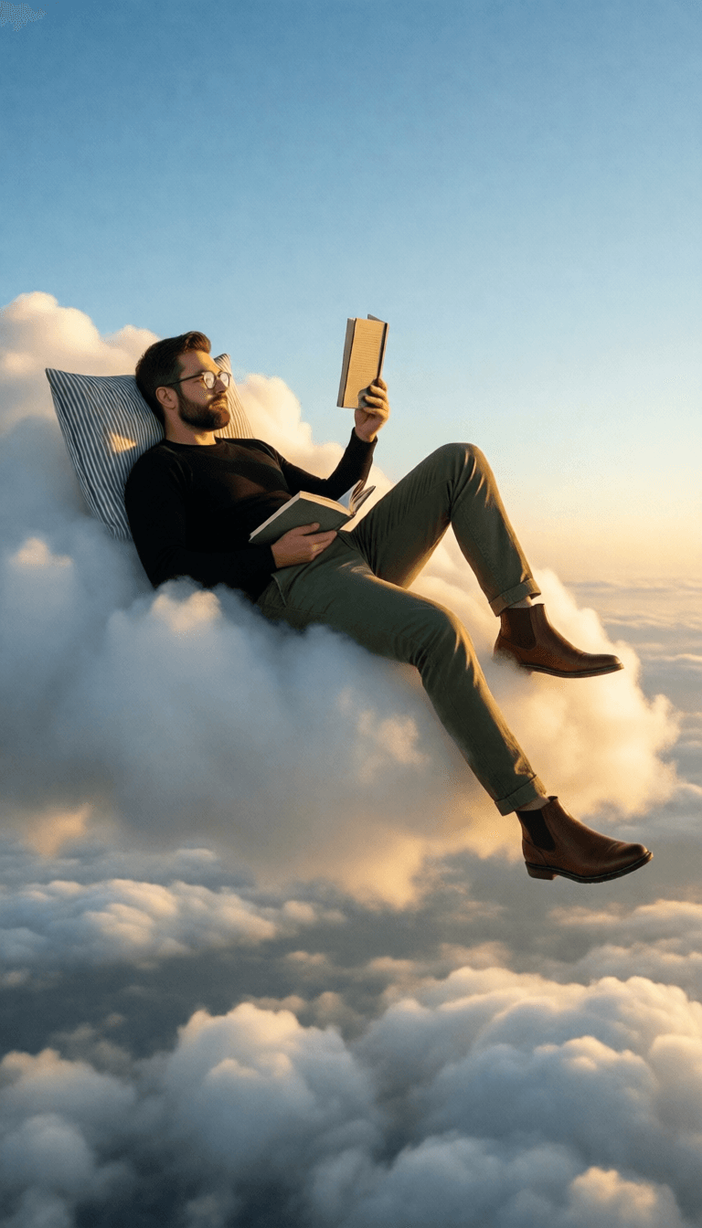 Ophelia free AI image generator prompt:A photorealistic, surreal wide shot of a man in the uploaded image reclining com…