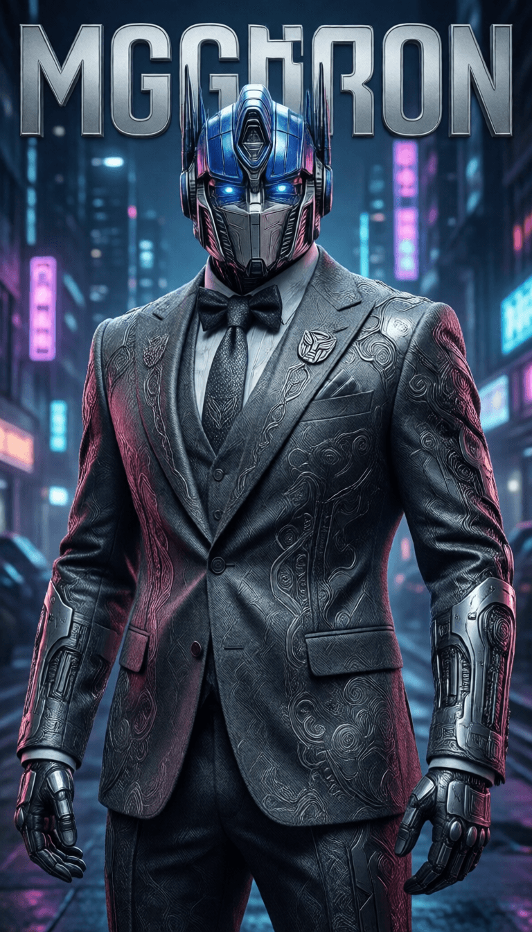 Ophelia kostenloser KI‑Bildgenerator‑Prompt:Megatron fashion magazine cover, silver-gray mecha wearing haute couture suit, c…