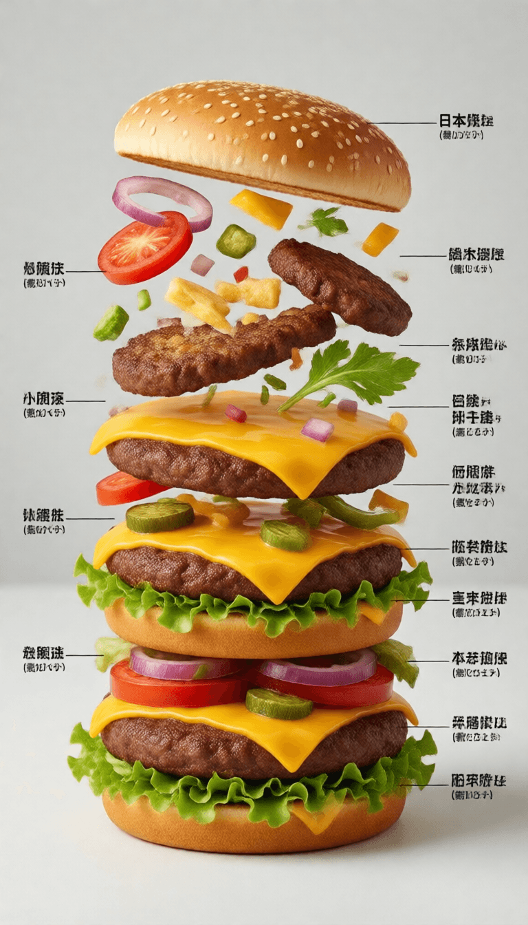 Ophelia free AI image generator prompt:Create an exploded diagram of a Japanese McDonald's cheeseburger. Float eac…