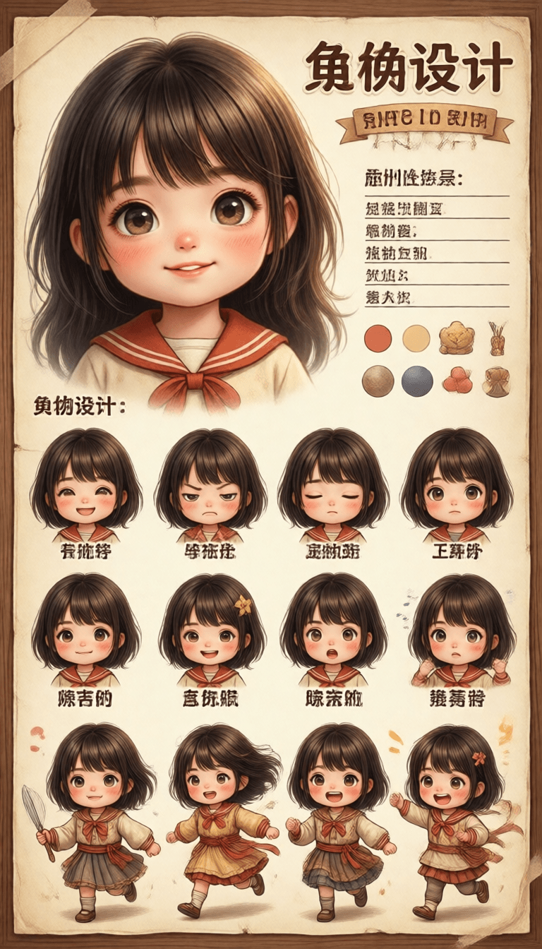 Ophelia เครื่องมือสร้างภาพ AI ฟรี – พรอมต์:Create an adorable character design sheet based on the uploaded image. Style: Wa…